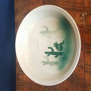 VINTAGE Handmade Artisan LINDSOE Clayworks Signed Stoneware Dish Green Desert